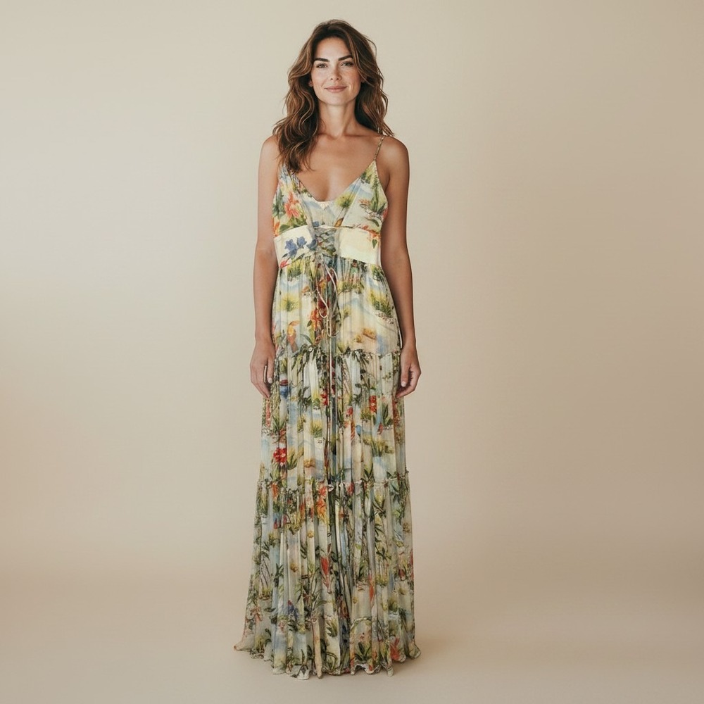 Rococo Sand Tropical Print Sequin Embellished Lace Up Maxi Dress NWD